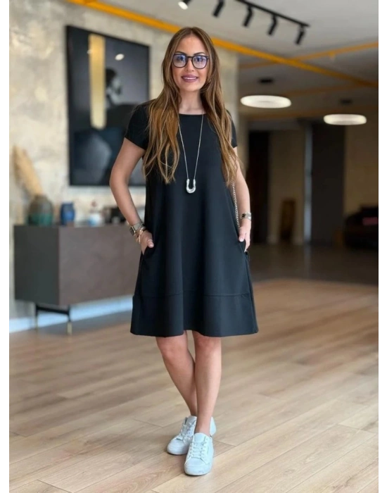 Kadın Kısa Kollu Bisiklet Yaka Cepli Viskon Iki Iplik Elbise