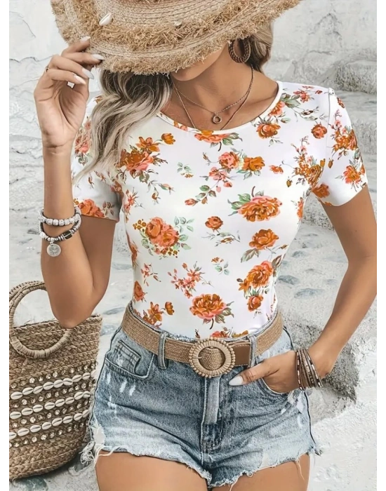 Kadın Kısa Kollu Bisiklet Yaka çiçek Baskılı Süprem Bluz