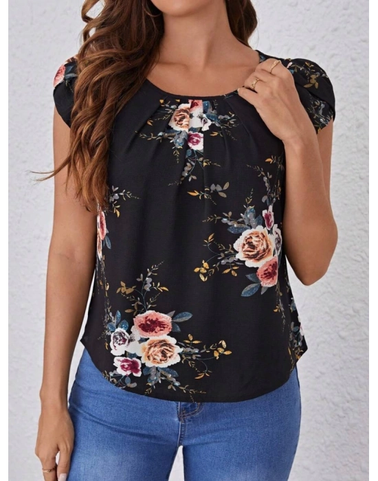 Kadın Kısa Kollu Bisiklet Yaka çiçek Baskılı Süprem Bluz