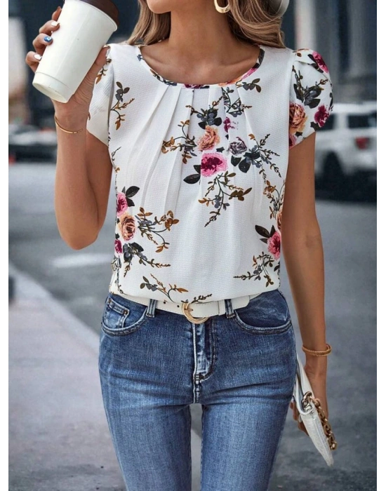 Kadın Kısa Kollu Bisiklet Yaka çiçek Baskılı Süprem Bluz