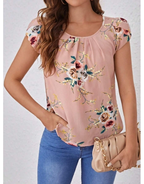 Kadın Kısa Kollu Bisiklet Yaka çiçek Baskılı Süprem Bluz
