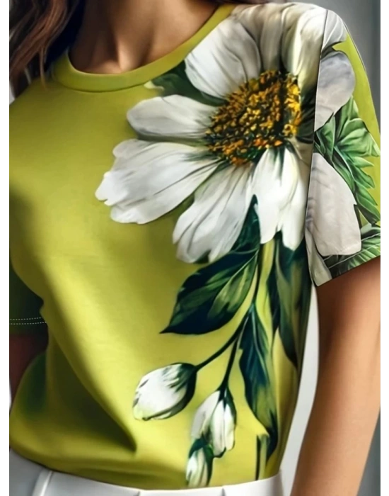 Kadın Kısa Kollu Bisiklet Yaka çiçek Baskılı Süprem Bluz