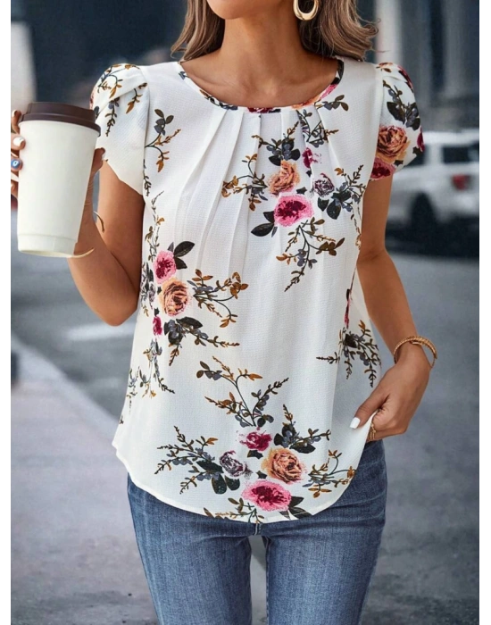 Kadın Kısa Kollu Bisiklet Yaka çiçek Baskılı Süprem Bluz