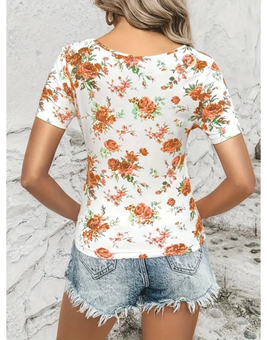 Kadın Kısa Kollu Bisiklet Yaka çiçek Baskılı Süprem Bluz