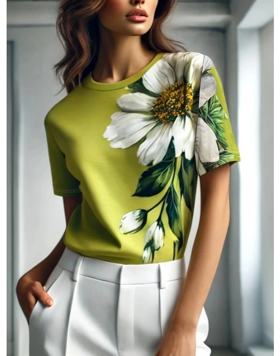 Kadın Kısa Kollu Bisiklet Yaka çiçek Baskılı Süprem Bluz