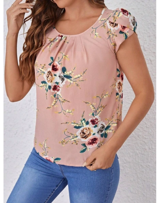 Kadın Kısa Kollu Bisiklet Yaka çiçek Baskılı Süprem Bluz