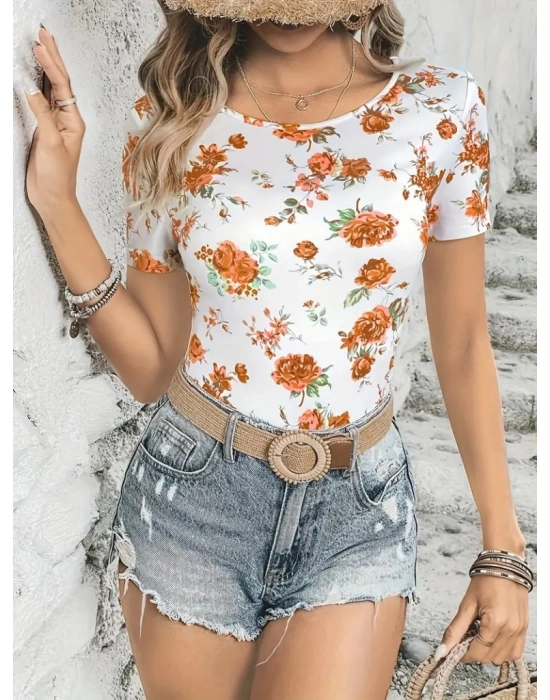 Kadın Kısa Kollu Bisiklet Yaka çiçek Baskılı Süprem Bluz