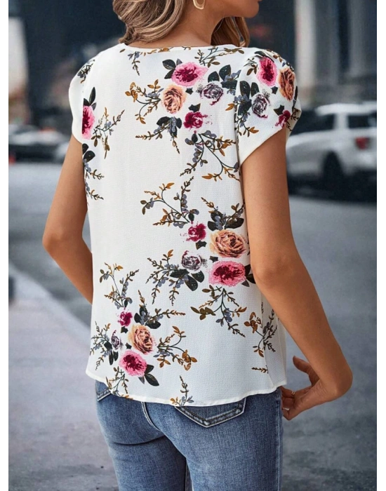 Kadın Kısa Kollu Bisiklet Yaka çiçek Baskılı Süprem Bluz