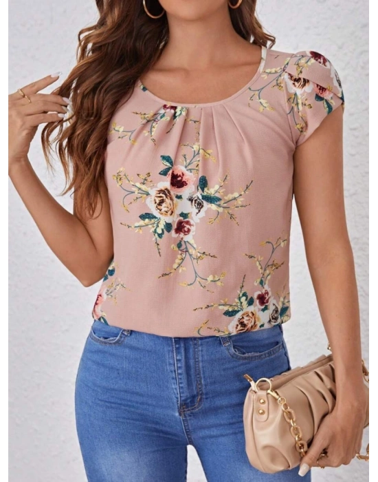Kadın Kısa Kollu Bisiklet Yaka çiçek Baskılı Süprem Bluz
