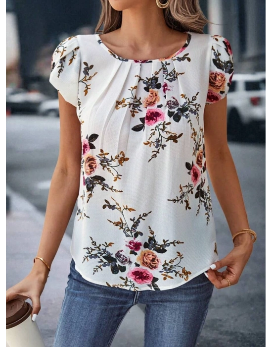 Kadın Kısa Kollu Bisiklet Yaka çiçek Baskılı Süprem Bluz