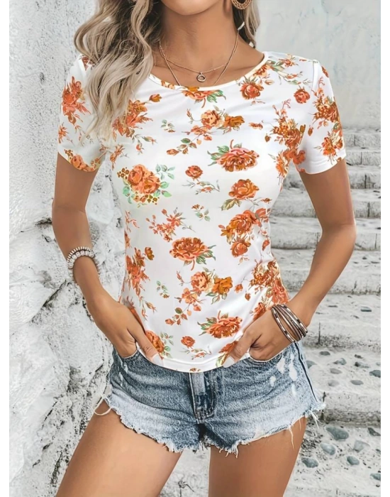 Kadın Kısa Kollu Bisiklet Yaka çiçek Baskılı Süprem Bluz