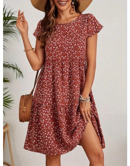 Kadın Kısa Kollu Bisiklet Yaka çiçek Desenli Süprem Elbise