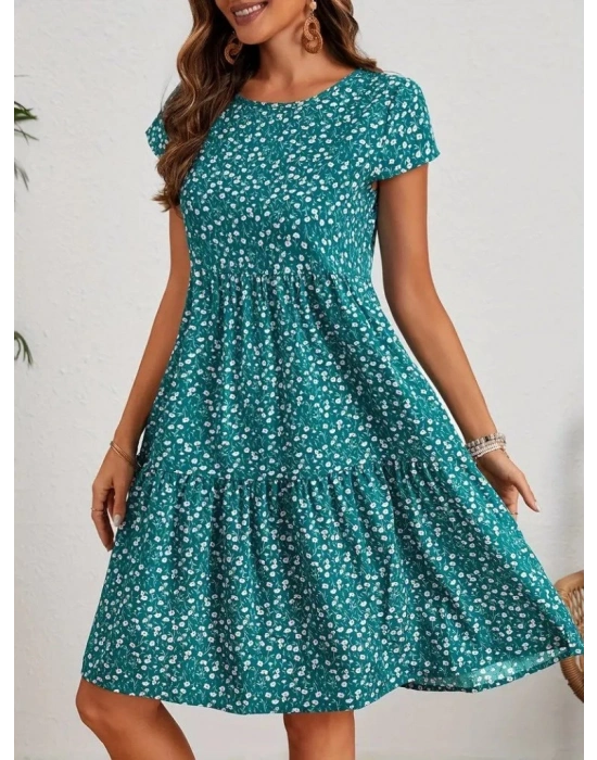 Kadın Kısa Kollu Bisiklet Yaka çiçek Desenli Süprem Elbise