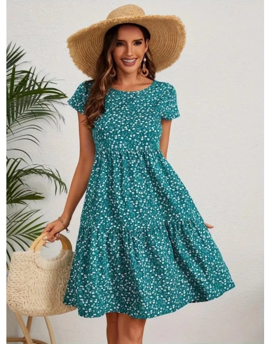 Kadın Kısa Kollu Bisiklet Yaka çiçek Desenli Süprem Elbise