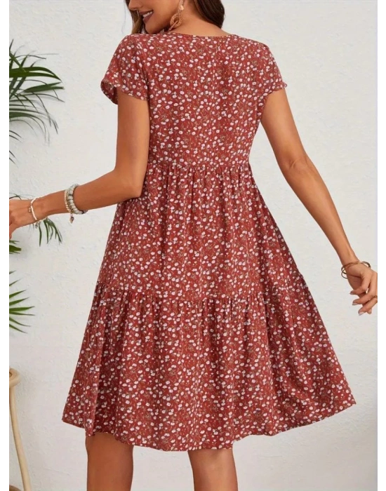 Kadın Kısa Kollu Bisiklet Yaka çiçek Desenli Süprem Elbise