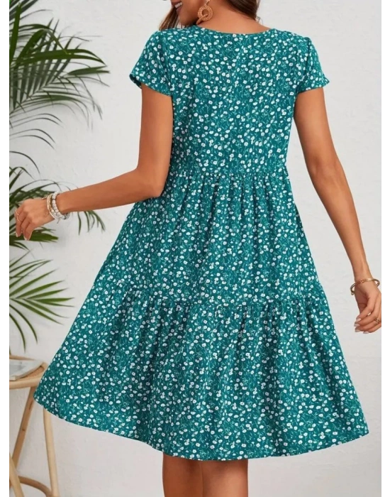 Kadın Kısa Kollu Bisiklet Yaka çiçek Desenli Süprem Elbise