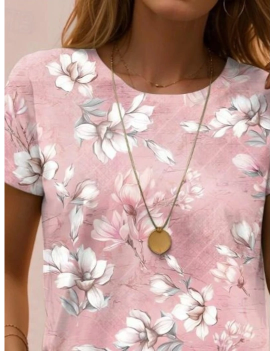 Kadın Kısa Kollu Bisiklet Yaka çiçek Desenli Viskon Bluz