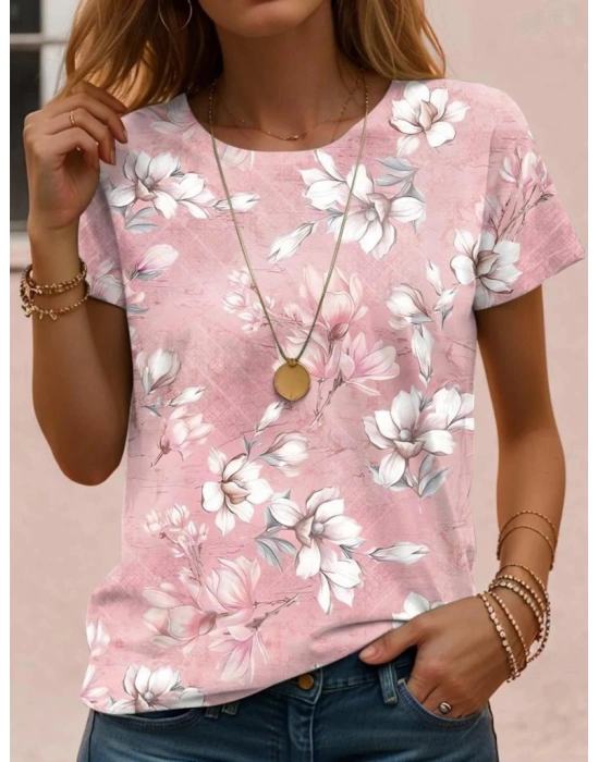 Kadın Kısa Kollu Bisiklet Yaka çiçek Desenli Viskon Bluz