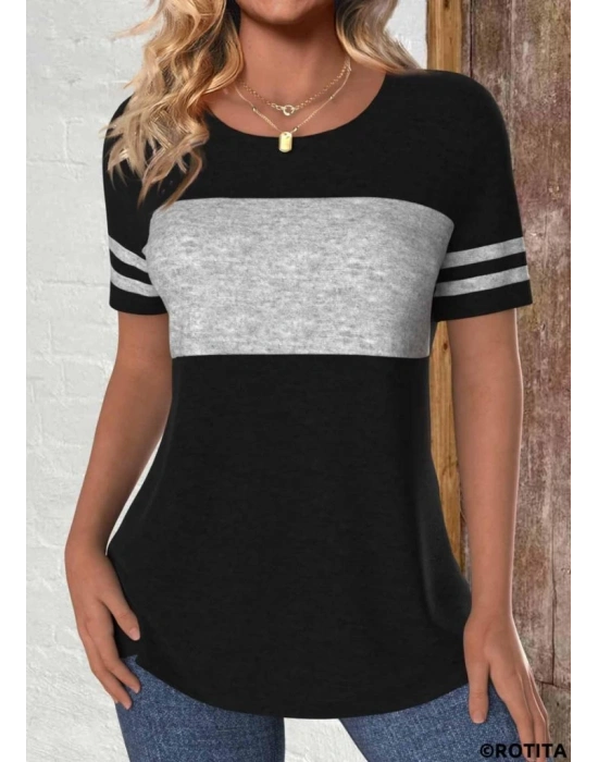 Kadın Kısa Kollu Bisiklet Yaka çift Renkli Viskon Bluz