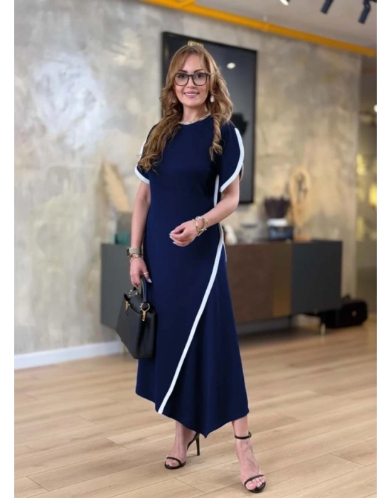 Kadın Kısa Kollu Bisiklet Yaka çift şerit Renk Detaylı Asimetrik Kesim Viskon Iki Iplik Elbise