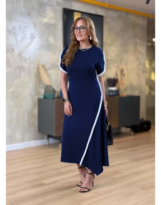 Kadın Kısa Kollu Bisiklet Yaka çift şerit Renk Detaylı Asimetrik Kesim Viskon Iki Iplik Elbise