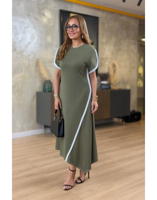 Kadın Kısa Kollu Bisiklet Yaka çift şerit Renk Detaylı Asimetrik Kesim Viskon Iki Iplik Elbise