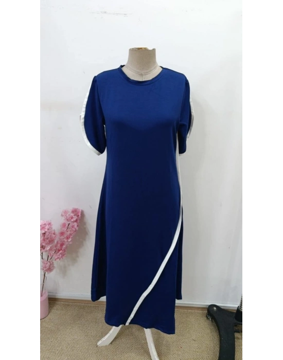 Kadın Kısa Kollu Bisiklet Yaka çift şerit Renk Detaylı Asimetrik Kesim Viskon Iki Iplik Elbise