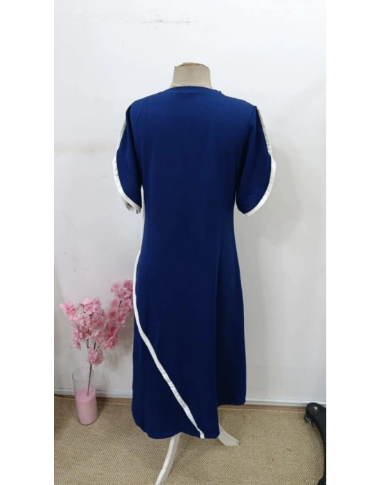 Kadın Kısa Kollu Bisiklet Yaka çift şerit Renk Detaylı Asimetrik Kesim Viskon Iki Iplik Elbise