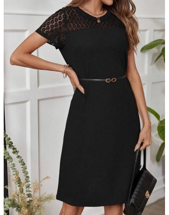 Kadın Kısa Kollu Bisiklet Yaka Dantel Detaylı Düğmeli odal Elbise