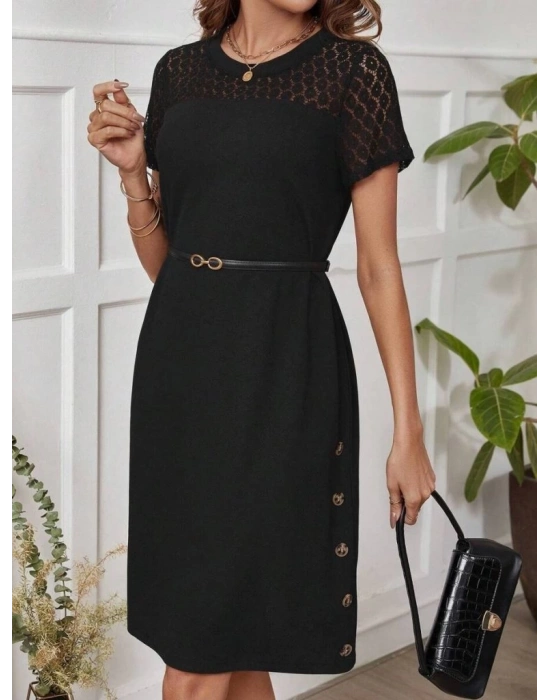 Kadın Kısa Kollu Bisiklet Yaka Dantel Detaylı Düğmeli odal Elbise
