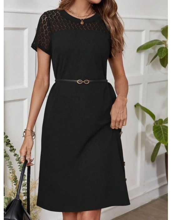 Kadın Kısa Kollu Bisiklet Yaka Dantel Detaylı Düğmeli odal Elbise