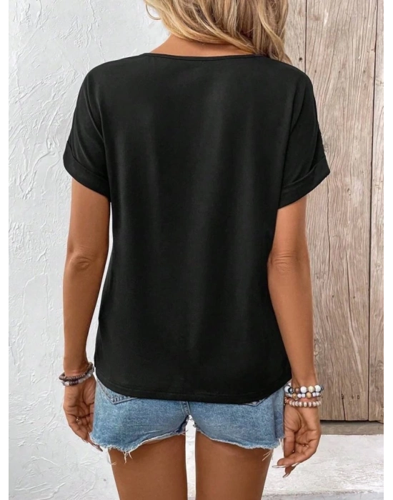 Kadın Kısa Kollu Bisiklet Yaka Dantel Detaylı Viskon Bluz