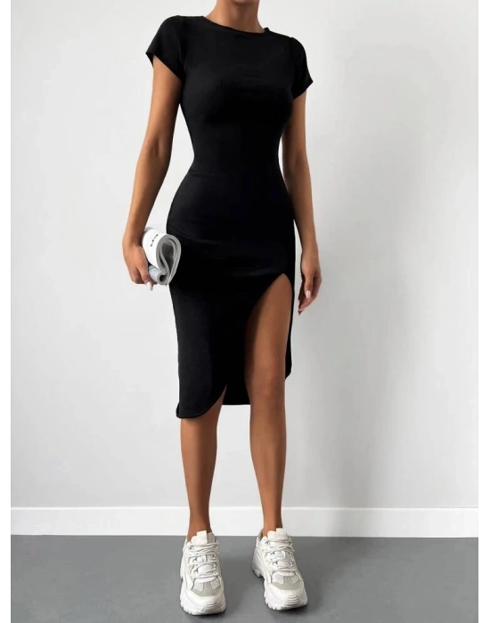 Kadın Kısa Kollu Bisiklet Yaka Derin Yırtmaçlı Kaşkorse Elbise