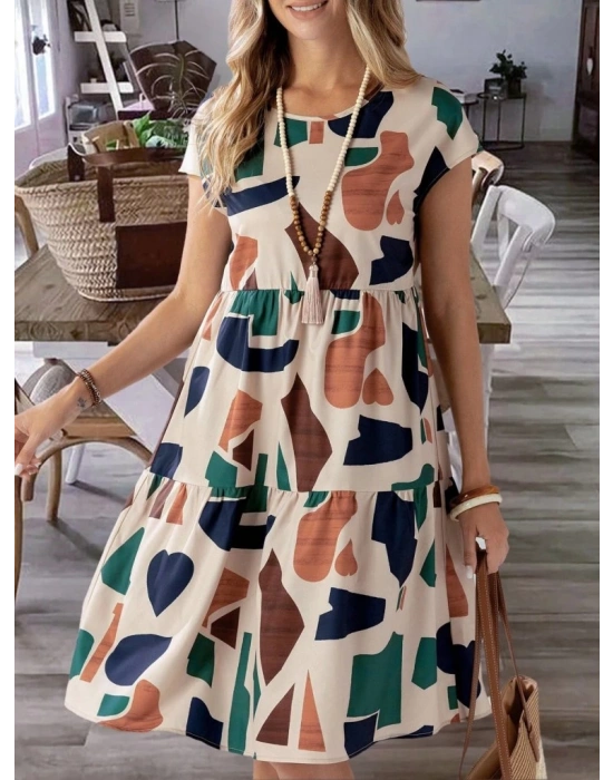 Kadın Kısa Kollu Bisiklet Yaka Desenli Fırfırlı Süprem Elbise