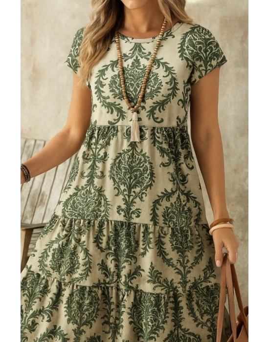 Kadın Kısa Kollu Bisiklet Yaka Desenli Fırfırlı Süprem Elbise