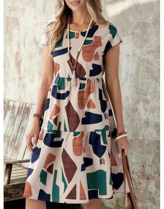 Kadın Kısa Kollu Bisiklet Yaka Desenli Fırfırlı Süprem Elbise