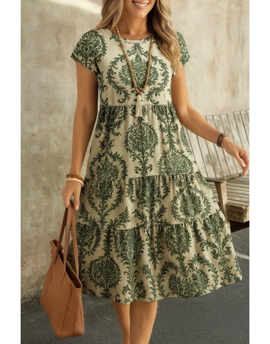 Kadın Kısa Kollu Bisiklet Yaka Desenli Fırfırlı Süprem Elbise