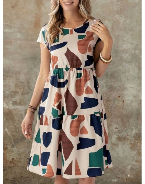 Kadın Kısa Kollu Bisiklet Yaka Desenli Fırfırlı Süprem Elbise