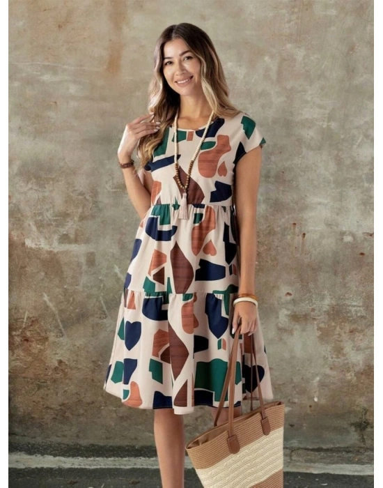 Kadın Kısa Kollu Bisiklet Yaka Desenli Fırfırlı Süprem Elbise
