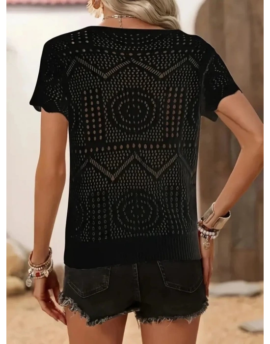 Kadın Kısa Kollu Bisiklet Yaka Desenli Triko Bluz