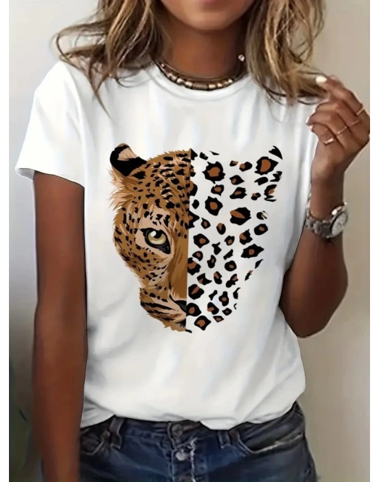 Kadın Kısa Kollu Bisiklet Yaka Desenli Viskon Bluz