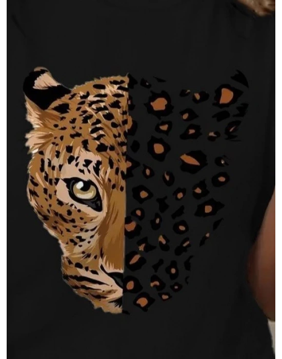 Kadın Kısa Kollu Bisiklet Yaka Desenli Viskon Bluz