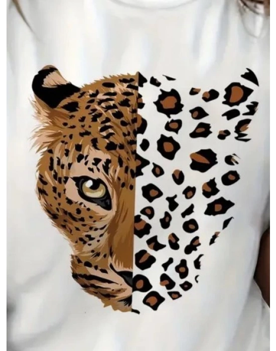 Kadın Kısa Kollu Bisiklet Yaka Desenli Viskon Bluz