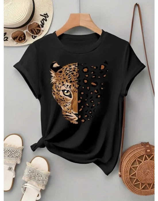 Kadın Kısa Kollu Bisiklet Yaka Desenli Viskon Bluz