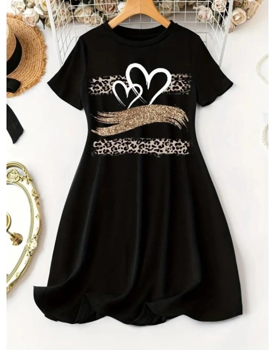 Kadın Kısa Kollu Bisiklet Yaka Desenli Viskon Elbise