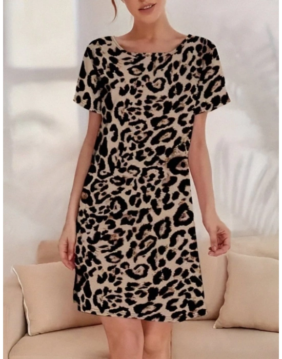 Kadın Kısa Kollu Bisiklet Yaka Dijital Baskılı Süprem Elbise