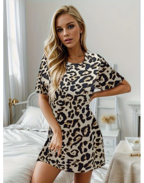 Kadın Kısa Kollu Bisiklet Yaka Dijital Baskılı Süprem Elbise