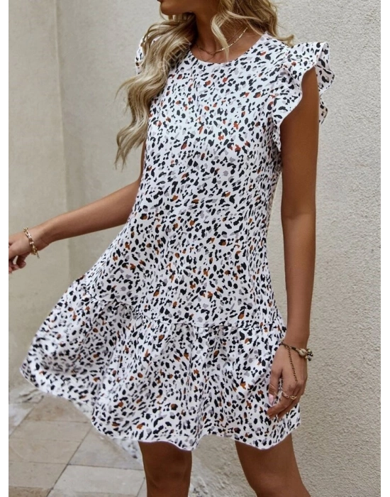 Kadın Kısa Kollu Bisiklet Yaka Etek Ucu Volanlı Kısa Dokuma Elbise