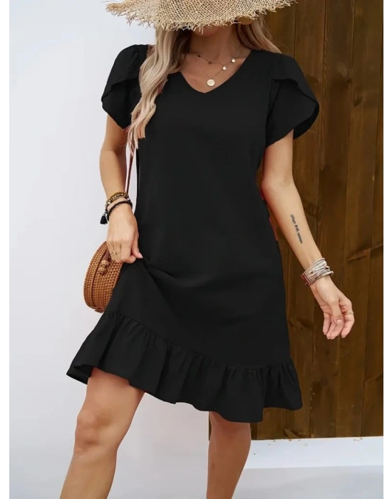 Kadın Kısa Kollu Bisiklet Yaka Fırfırlı Aerobin Elbise