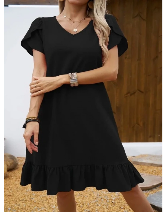 Kadın Kısa Kollu Bisiklet Yaka Fırfırlı Aerobin Elbise